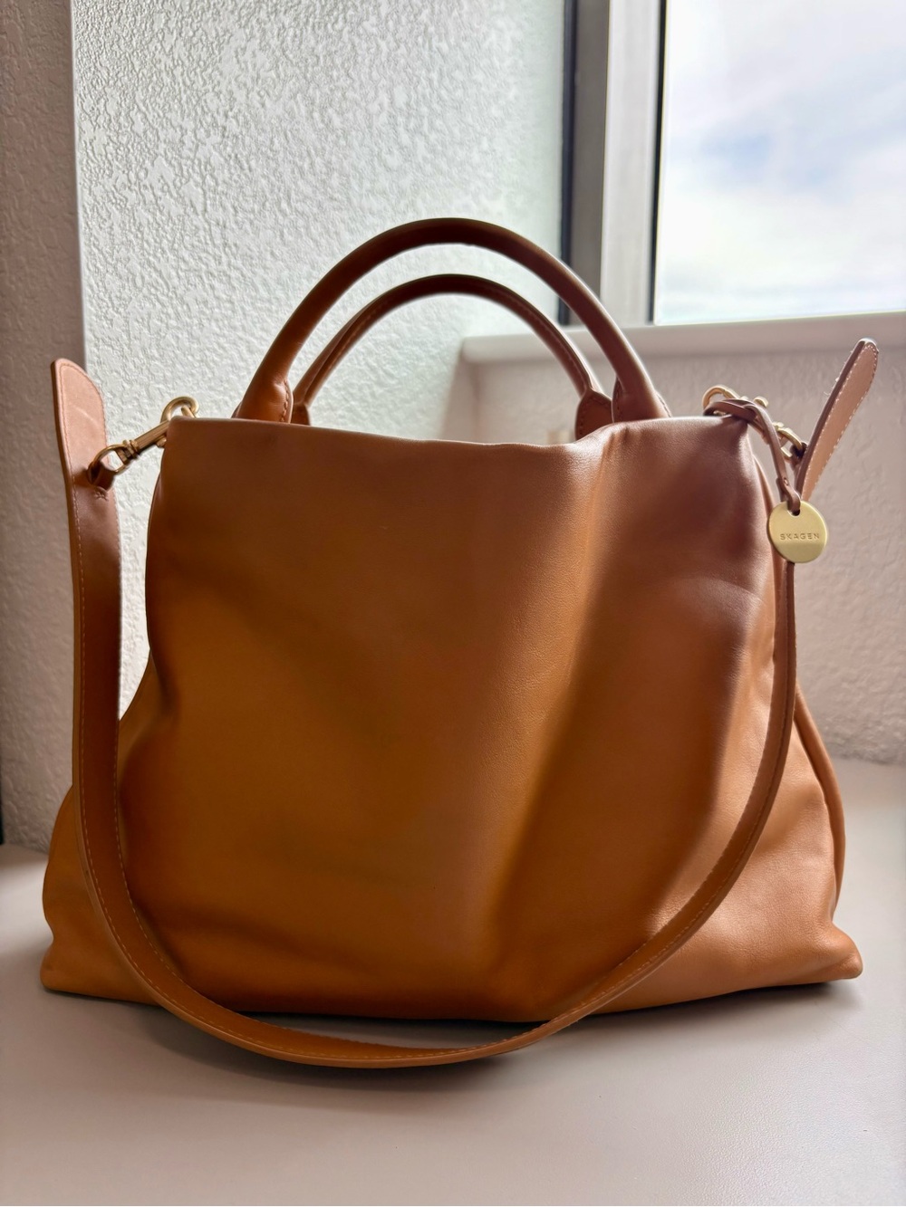 Skagen Cognac Leather Convertible Shoulder Tote